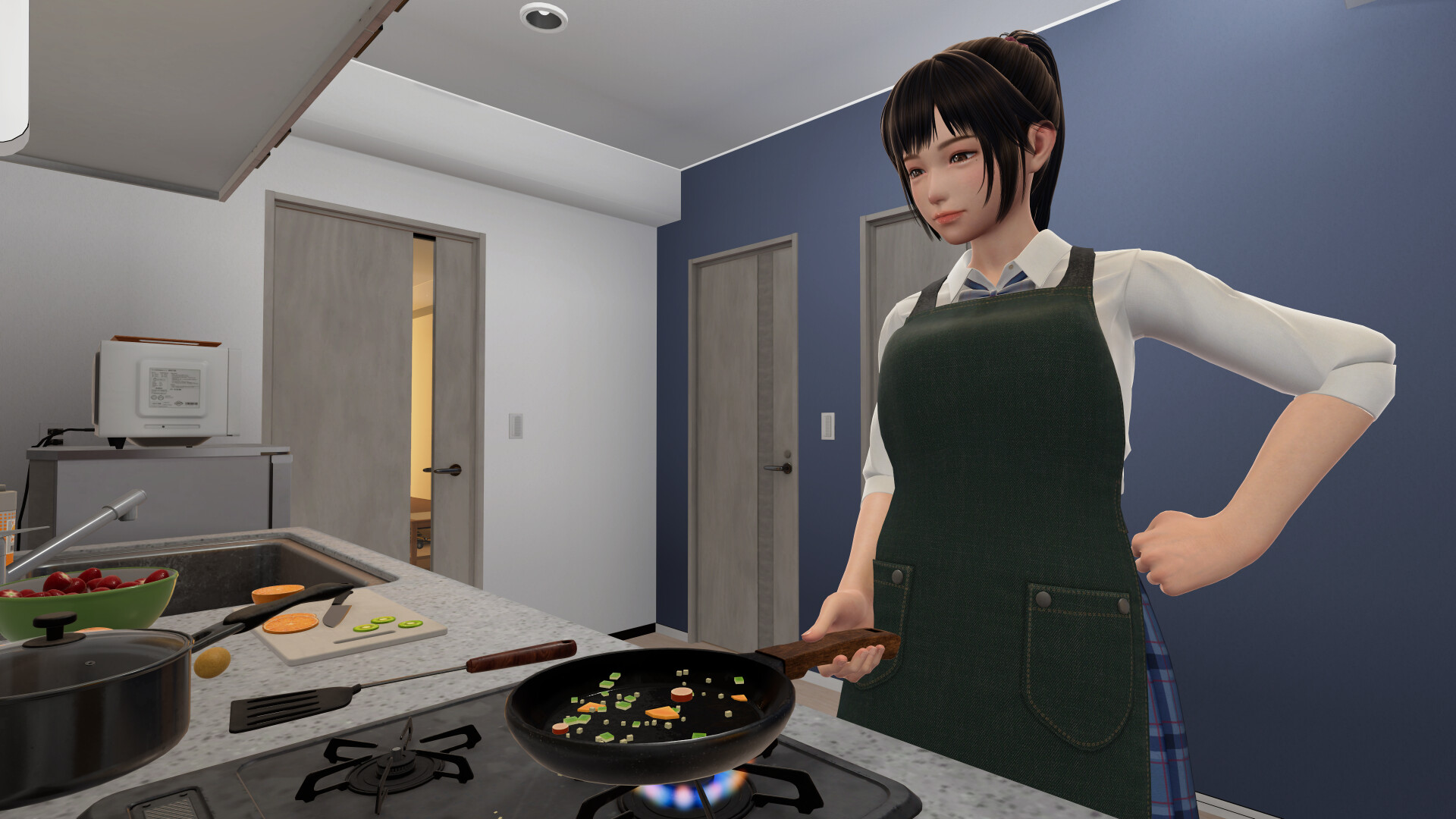 キッチンで料理をするヒロイン