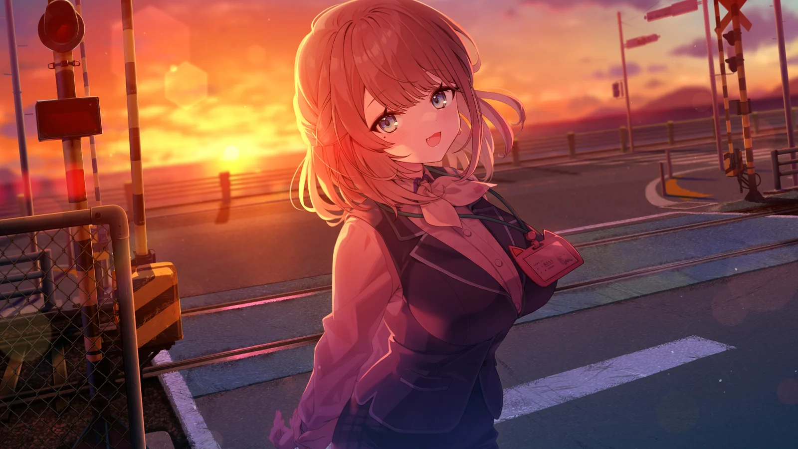 夕暮れの踏切に立つ美月もものCG