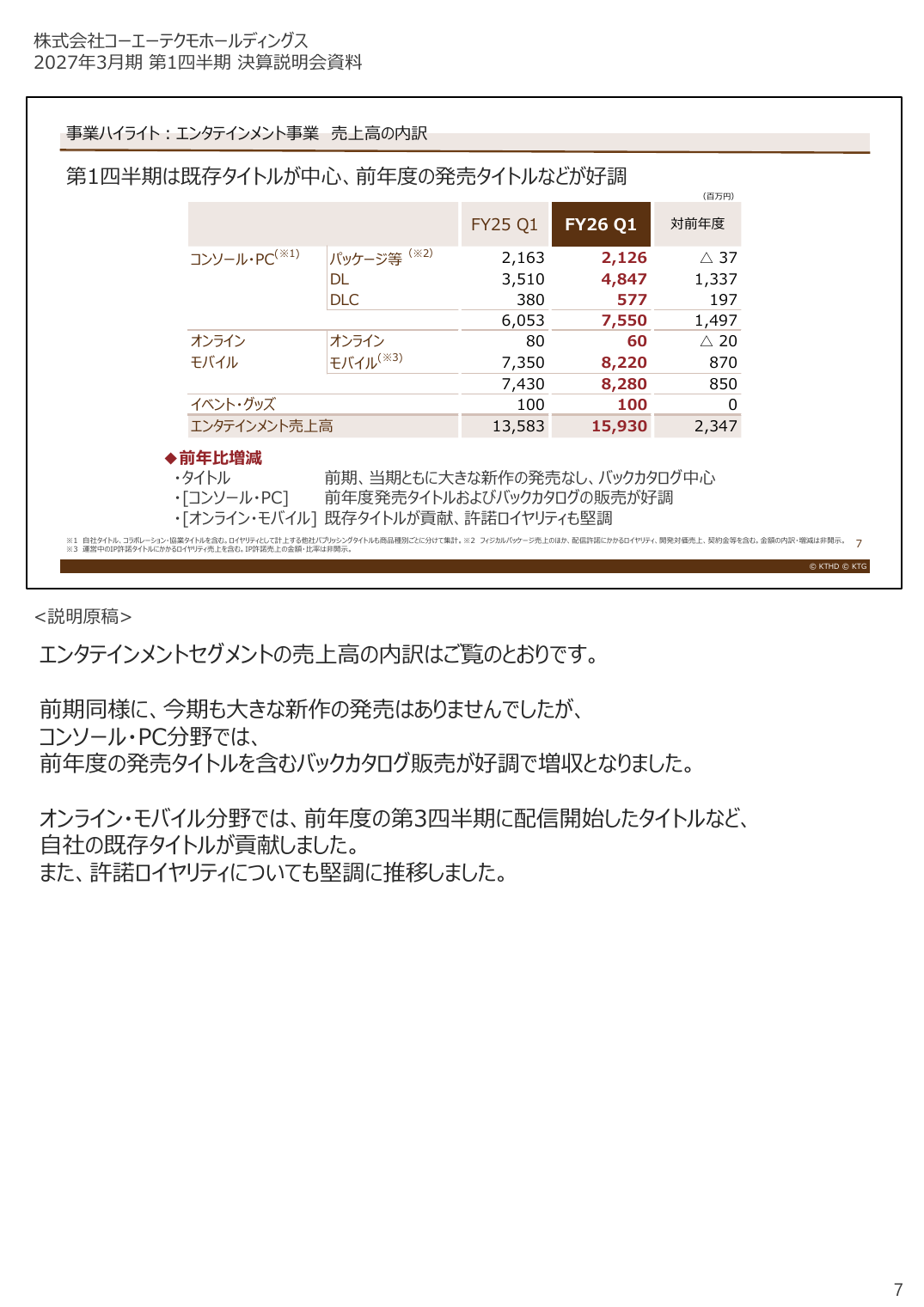 コーエーテクモHD 2027年3月期 第1四半期 決算説明資料 7ページ