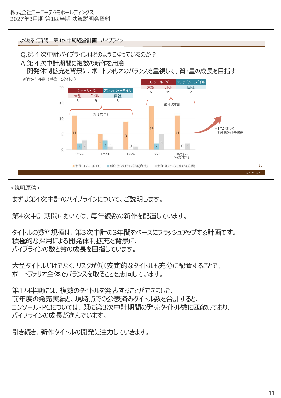 コーエーテクモHD 2027年3月期 第1四半期 決算説明資料 11ページ