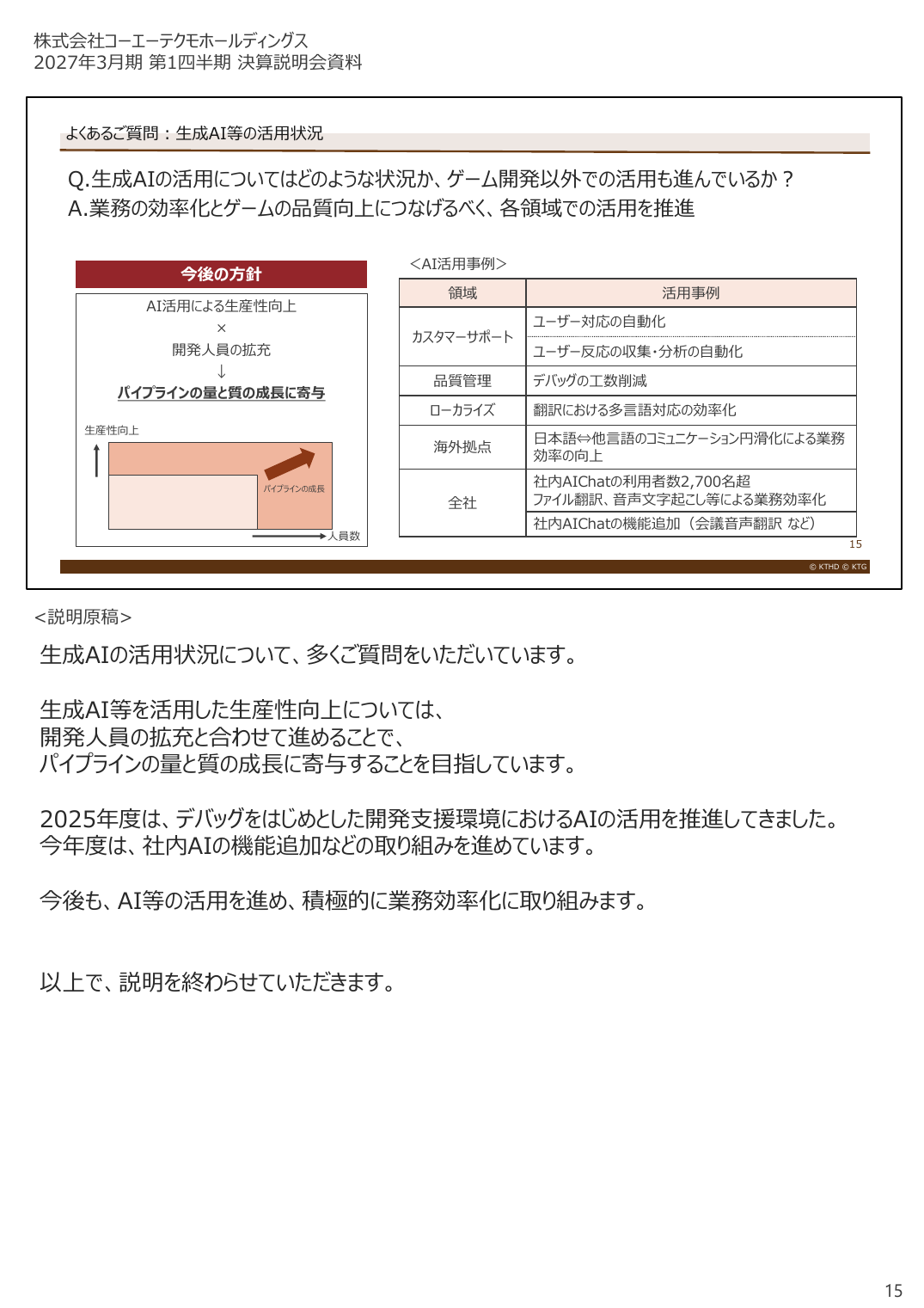 コーエーテクモHD 2027年3月期 第1四半期 決算説明資料 15ページ