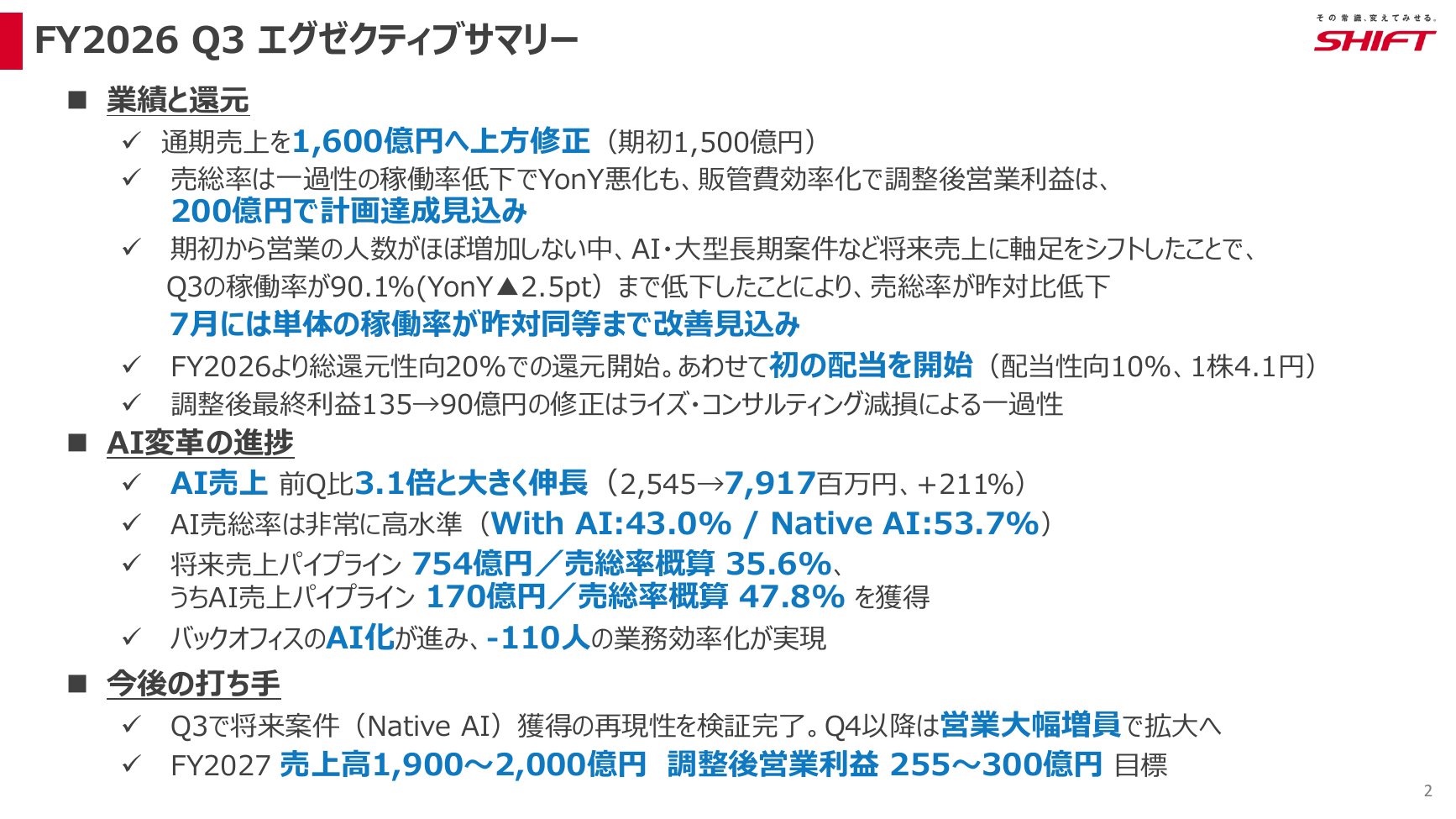 SHIFT 2026年8月期 第3四半期 決算説明資料 2ページ