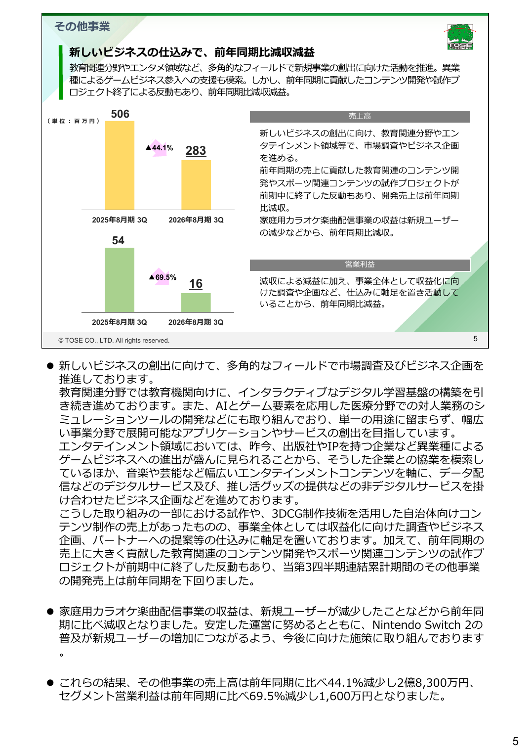 トーセ 2026年8月期 第3四半期 決算説明資料 7ページ