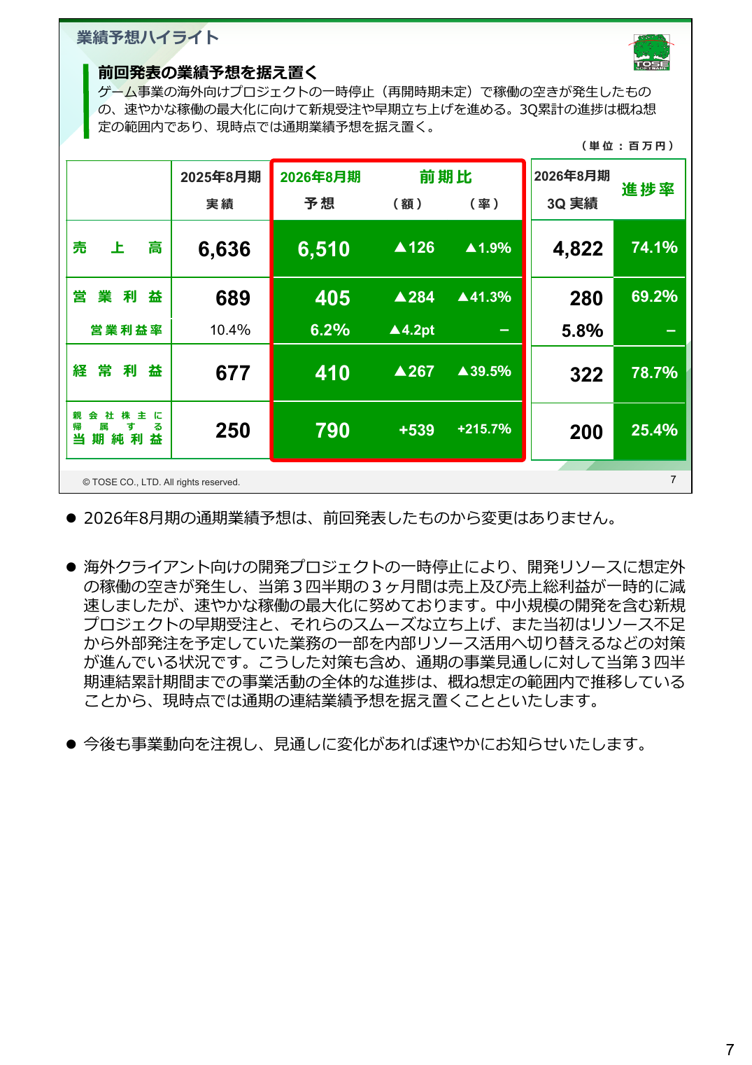 トーセ 2026年8月期 第3四半期 決算説明資料 9ページ