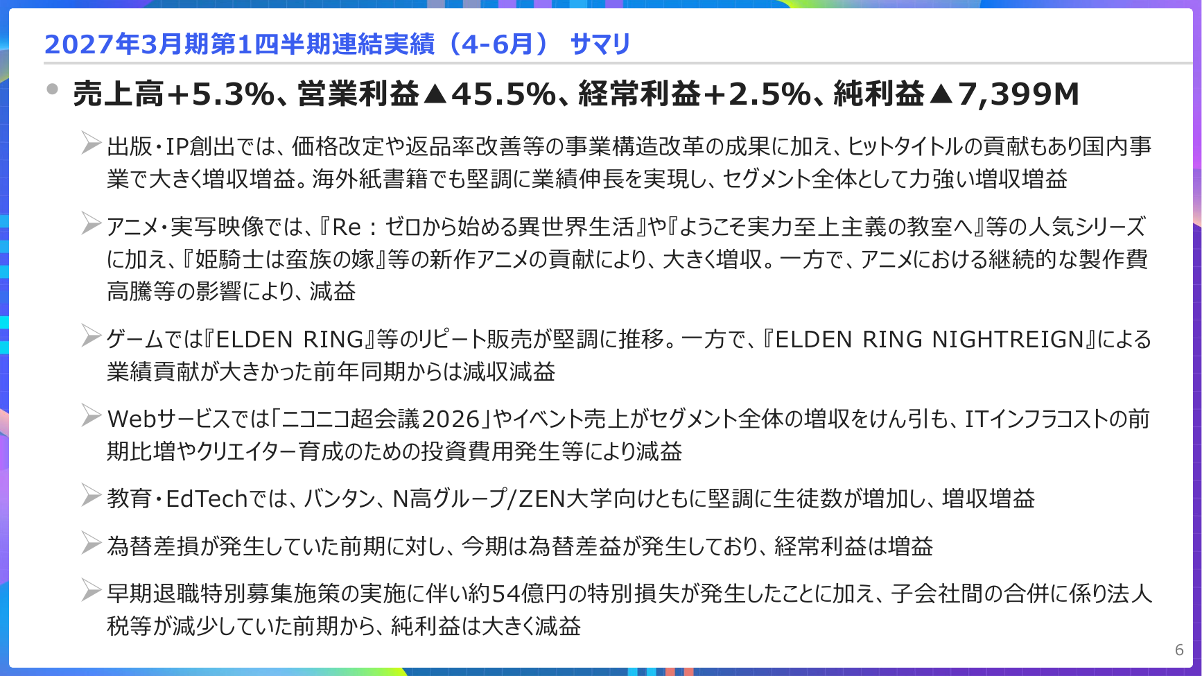 KADOKAWA 2027年3月期 第1四半期 決算説明資料 6ページ