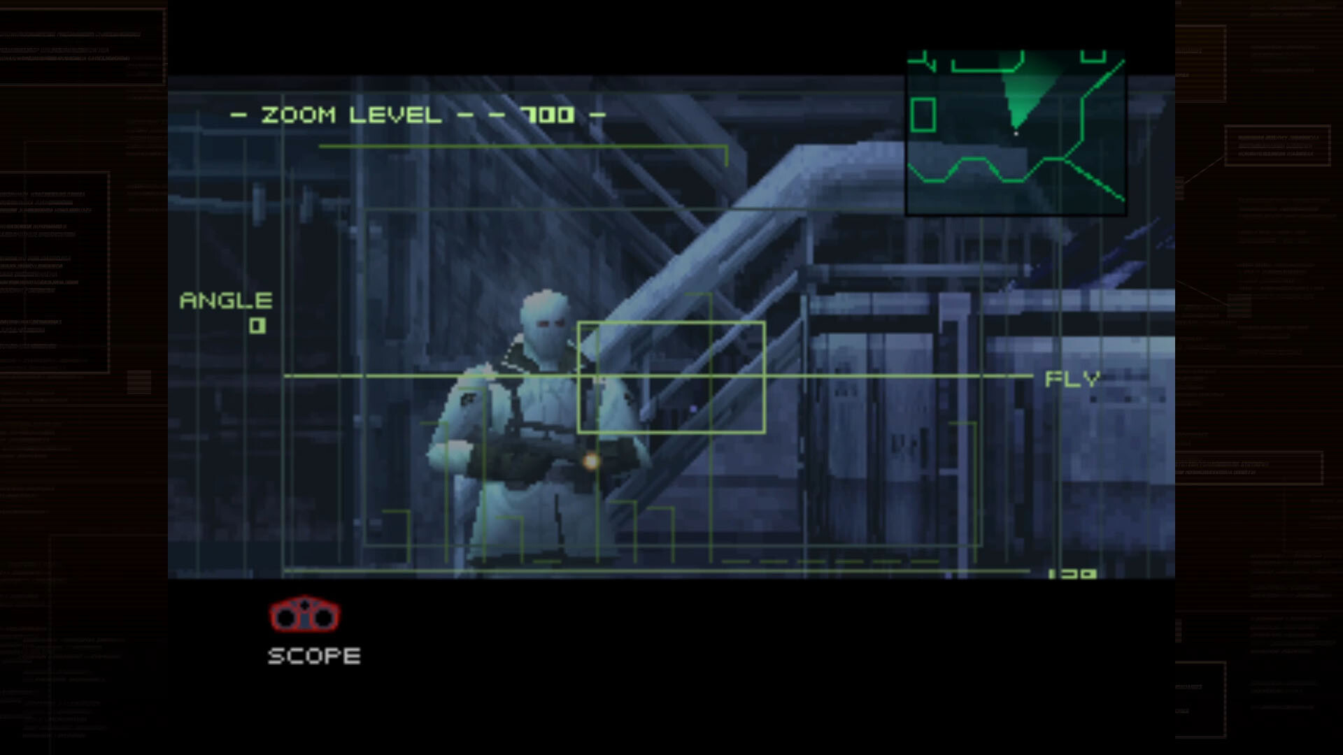 スコープ越しに兵士を観察するMETAL GEAR SOLIDのゲーム画面