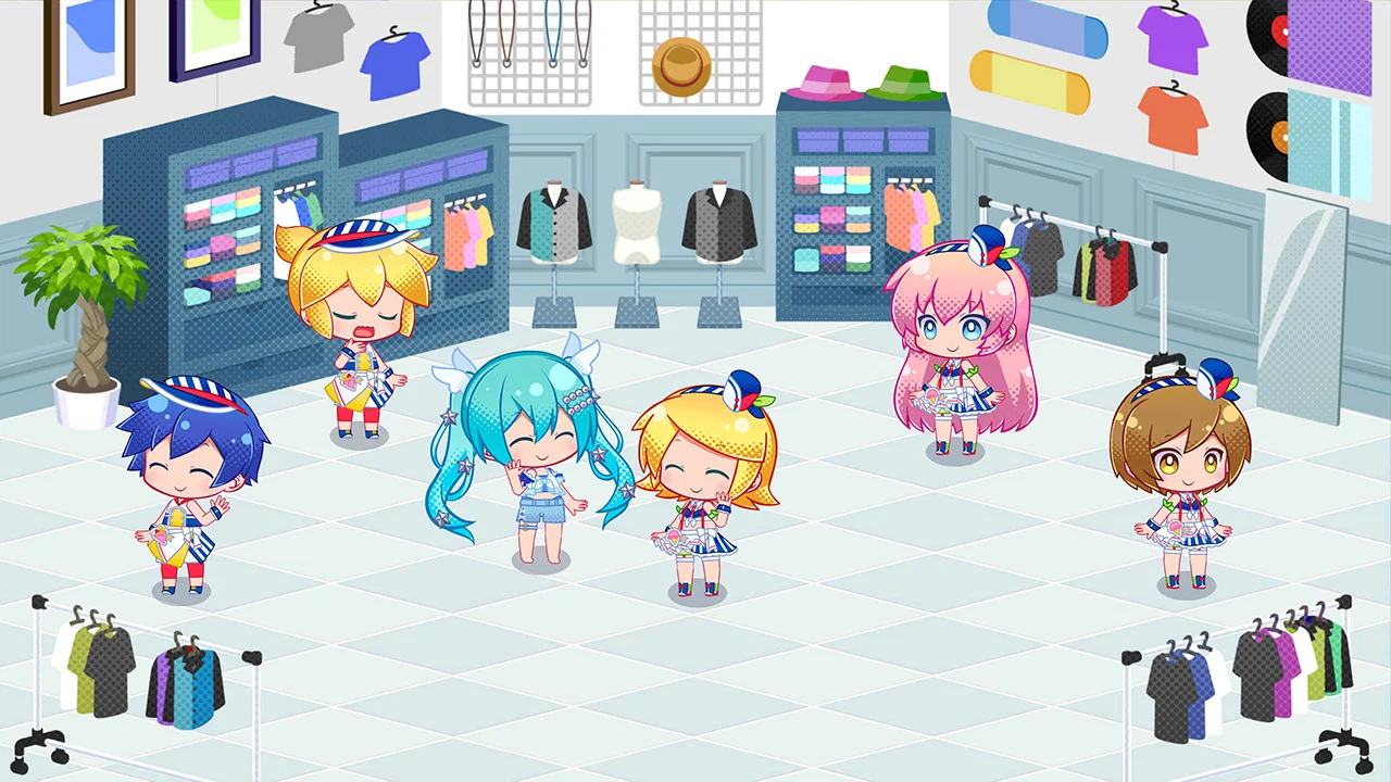 衣装ショップ風の部屋にピアプロキャラクターズが並ぶ画面