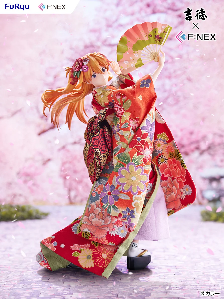 桜を背景に扇子を掲げる式波・アスカ・ラングレーの日本人形フィギュア