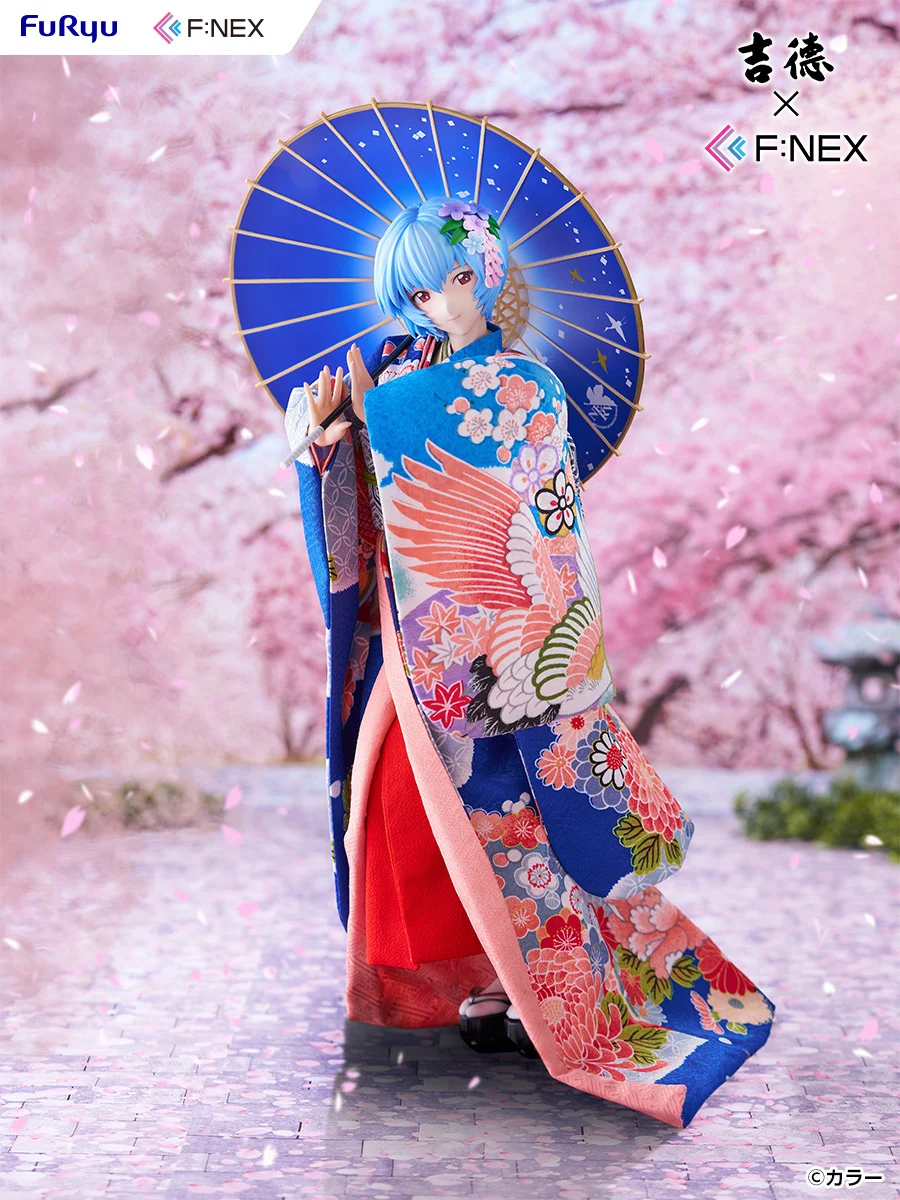桜を背景に青い和傘を差す綾波レイの日本人形フィギュア