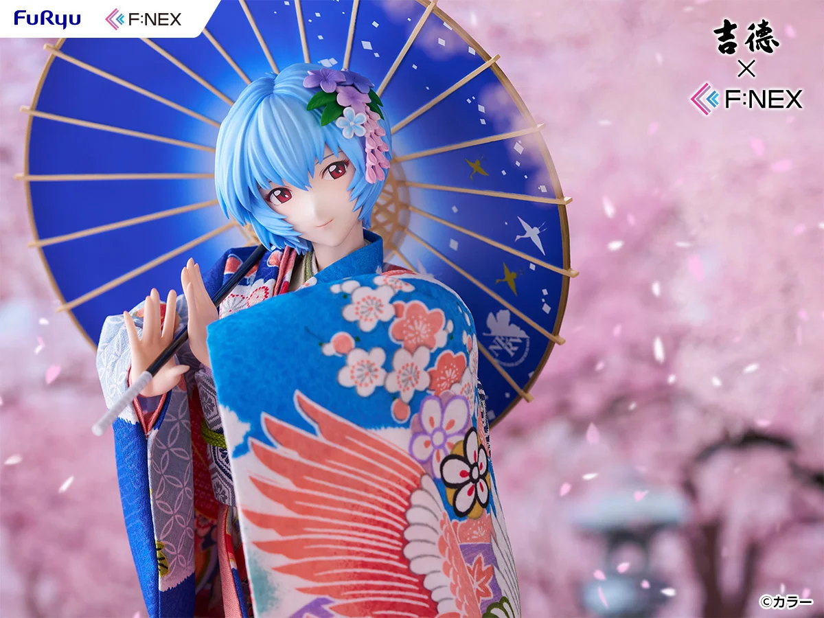 桜を背景に和傘を差す綾波レイを横長に捉えた写真