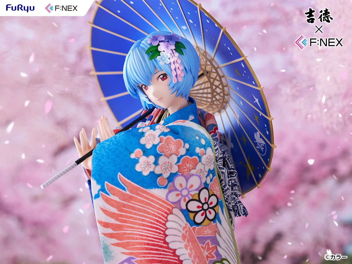 和傘を背負い袖を前に構える綾波レイの写真