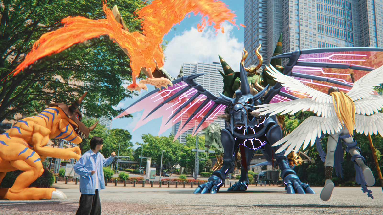 新宿の街に大型デジモンが集結する場面