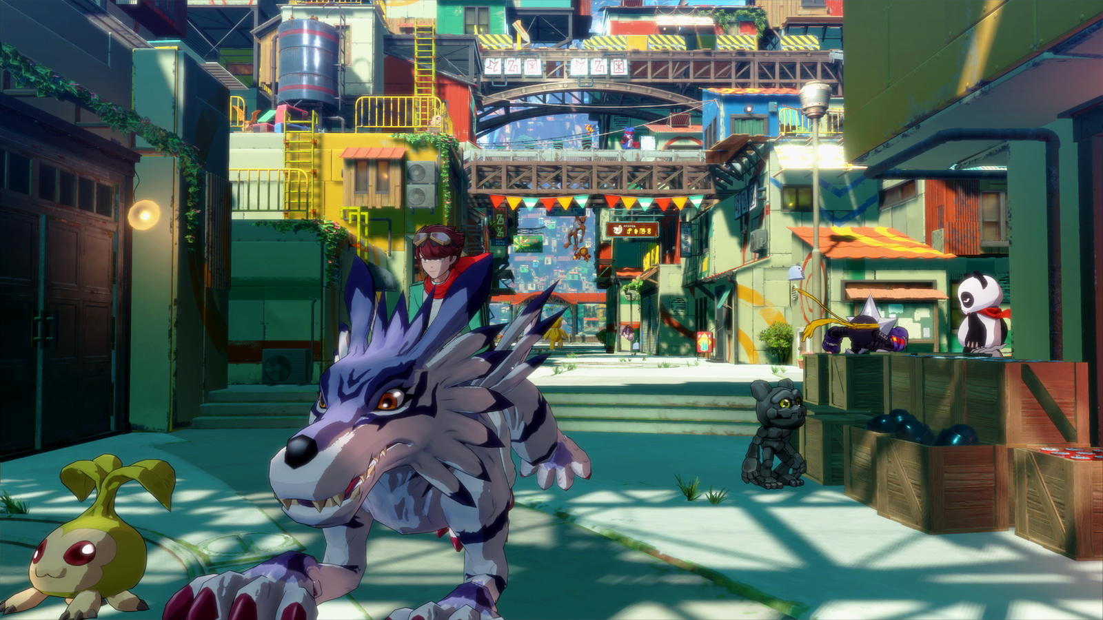 カラフルな街を進むガブモンとキャラクターたち