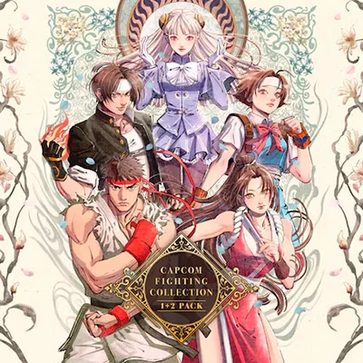 カプコン ファイティング コレクション 1+2パックのキーアート。和風のイラストタッチでキャラクターたちが描かれる