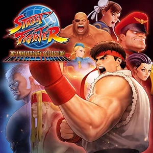 ストリートファイター30thアニバーサリーコレクション インターナショナルのキーアート。リュウを中心にキャラクターが並ぶ