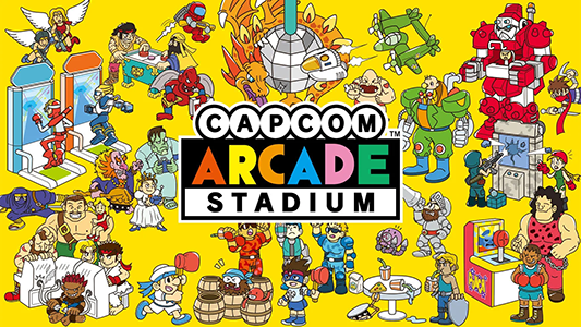 カプコン アーケード スタジアムのキーアート。歴代アーケード作品のキャラクターがカラフルに描かれる