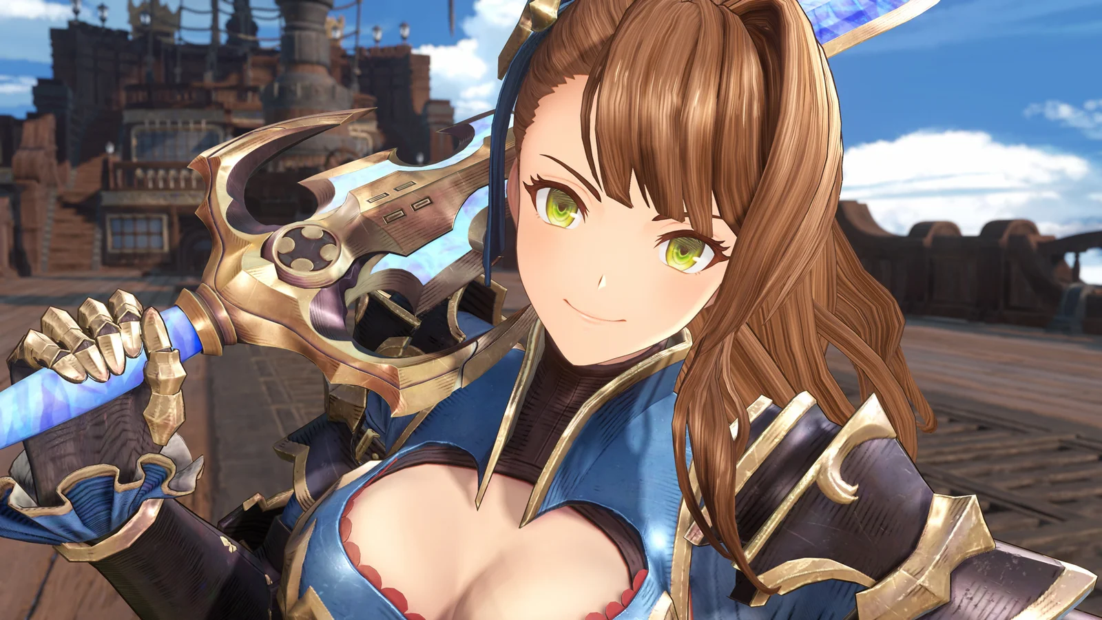 槍を手にした女性キャラクターのアップ