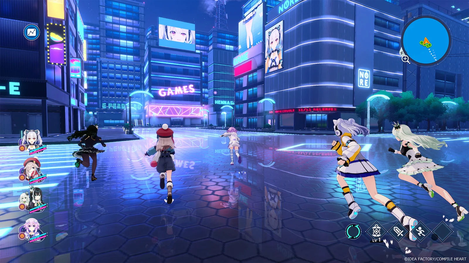 夜の都市を女神たちが走る『超新時空ゲイム ネプテューヌ∞』のゲーム画面
