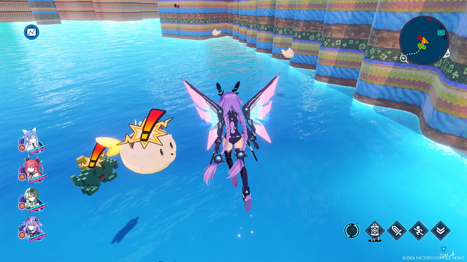 パープルハートが水上を移動して敵へ近づくゲーム画面