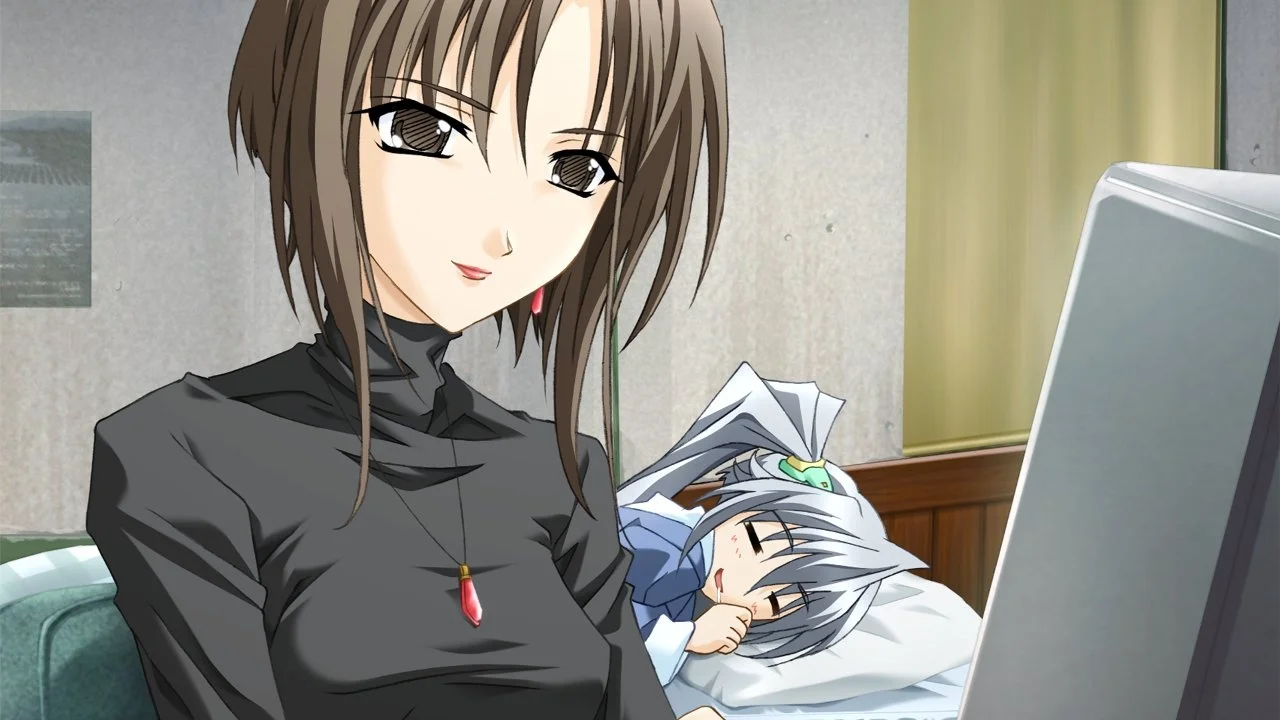 眠るレゥのそばに寄り添う黒いタートルネックの女性