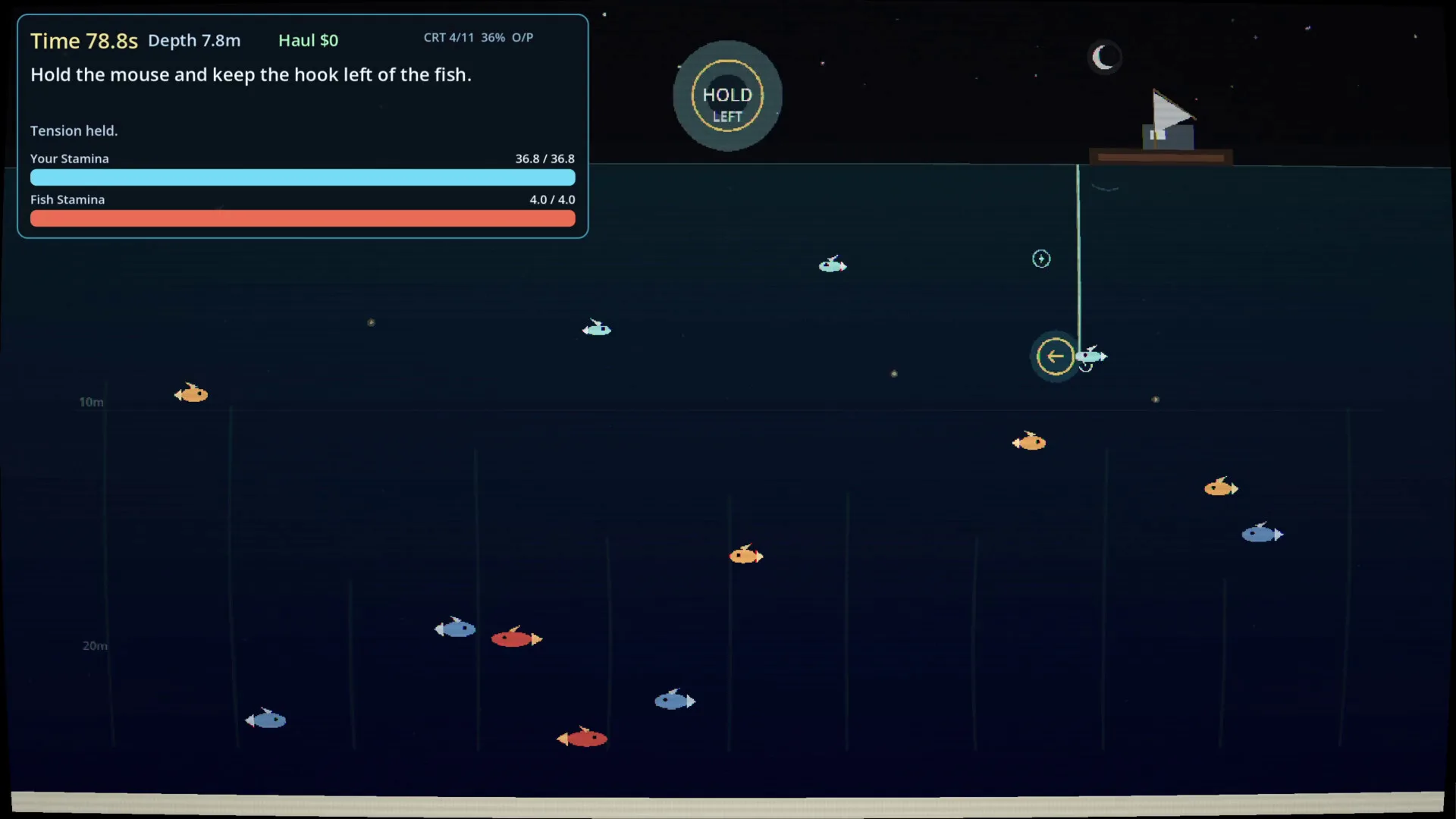 夜の釣り画面。船、釣り糸、魚、スタミナゲージ、テンション操作の案内が表示されている。